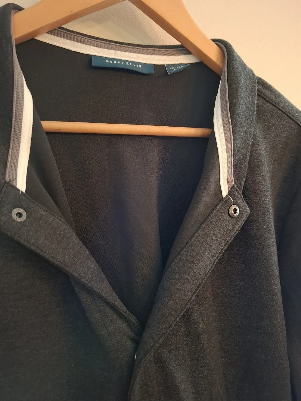Charcoal Gray Snap Front Mock Neck Jacket Size L Fisherman Grandpa Minimalist LN